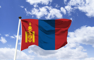 Mockup of Mongolian flag fluttering in the wind. East Asia country borders China and Russia. Capital: Ulan Bator, where is the National Museum of Mongolia. The political system is semi presidential