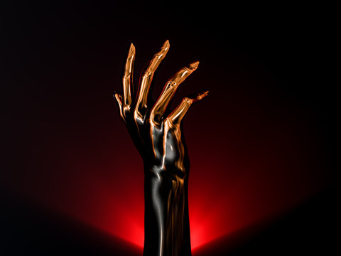 Halloween party concept template, scary black and golden metal hand rising from darkness, 3d illustration
