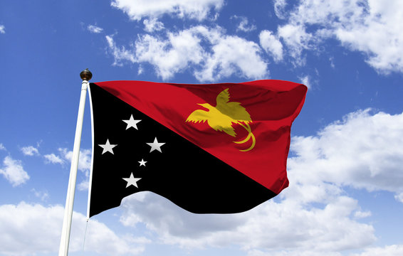 Model of the flag of Papua New Guinea, country of Oceania, the eastern half of the island of New Guinea. It is one of the most culturally diverse countries in the world. Motto: Unity in Diversity