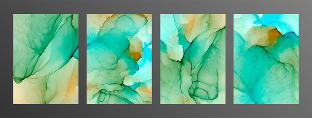 Green, turquoise and yellow ink vector textures backgrounds set. Paint mixing, fluid art.