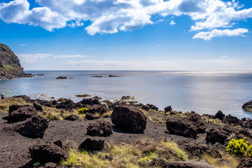 Amazing landscape view to volcanic coastline near ocean hot springs natural pool of Ferraria (Piscina da Ponta da Ferraria), São Miguel Island, Azores, Portugal