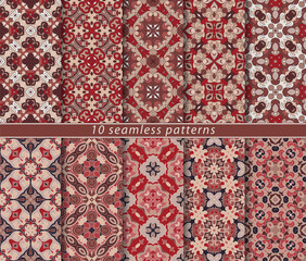 Vector set of ten seamless abstract patterns in ethnic style. Decorative and design elements for textile, book covers, print, gift wrap.