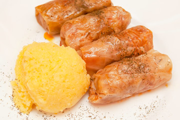 Stuffed cabbage rolls with polenta ball