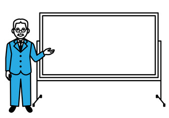 Senior man with whiteboard on white background. Vector illustration.