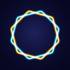 Abstract star shape simple luminous neon outline colorful icon on blue background.
