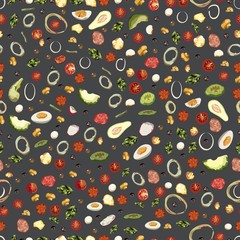 Tasty wholesome food. Real hot pizza. Pizza with fried bacon, tasty red pepper and green beans. Nice and quick lunch. Recipes of classic Italy. Seamnless vector illustration.