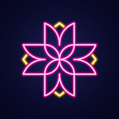 Flower cros simple luminous neon outline colorful icon on blue background.