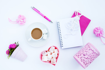 Flat lay girly, pale pink items for planning, notepads, pens, office work or working at home on her laptop, on the pale white background, with place for labels. Concept Desk.