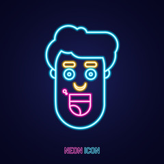 Funny face avatar simple luminous neon outline colorful icon on blue background.