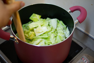 一人暮らしの料理風景_キャベツ in鍋（Cooking alone living）