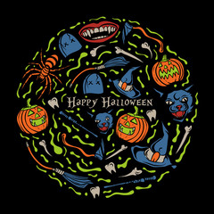 halloween collection banner design with pumpkin head , witch hat , dracula teeth , bones vector illustration