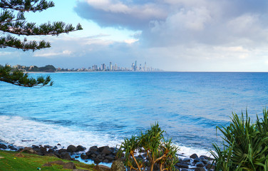 Stunning view of the Gold Coast skyline and surfing beach, visible from the park at Burleigh Heads, Queensland, Australia. 