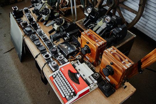 Old vintage rare retro photographic equipment, photo cameras sold at the flea market, swap meet