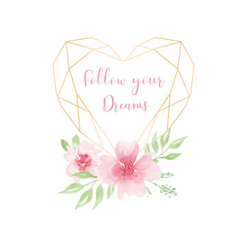 Wedding invitation card template, geometric design. Romantic watercolor roses and cherry blossom