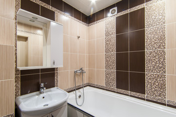 Russia, Moscow- June 15, 2018: interior room apartment. standard repair decoration in hostel. bathroom and toilet