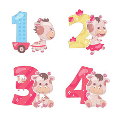 Cute numbers with baby giraffe cartoon illustrations set. School math funny font symbols and kawaii animals characters. Kids scrapbook stickers. Children birthday and anniversary numbers collection