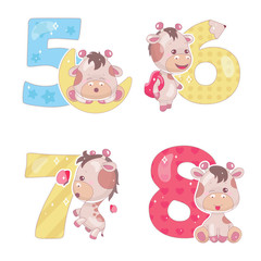 Cute numbers with baby giraffe cartoon illustrations set. School math funny font symbols and kawaii animals characters. Kids scrapbook stickers. Children birthday and anniversary numbers collection