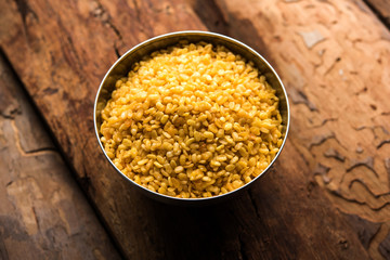 Salty and Fried Moong Dal Namkeen served in a bowl, selective focus