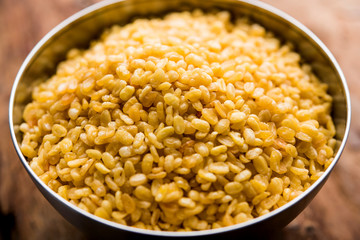 Salty and Fried Moong Dal Namkeen served in a bowl, selective focus