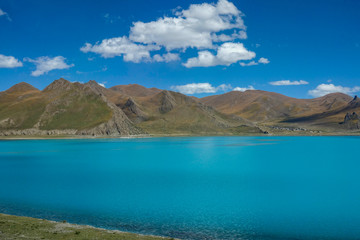 DRONE: Picturesque view of a large turquoise lake in the Tibetan mountains.