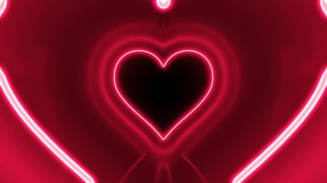 Beautiful Romantic Abstract Tunnel Heart Shape With Neon Lights Moving Seamless. Red Bright Colors Futuristic Background Glowing Lights. Looped 3d Animation Art Concept. 4K Ultra HD 3840x2160.