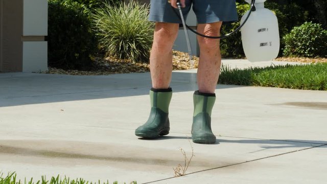 Man using lawn and garden pressure chemical sprayer to spray bleach on concrete driveway.