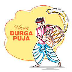 illustration of Dhaki playing dhak drum in Happy Durga Puja Subh Navratri Indian religious header banner background