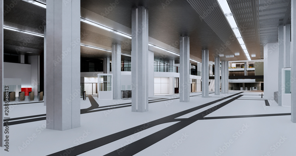 Poster concept visualization empty public space of a large shopping mall or transport hub