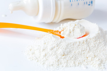 preparation of mixture baby feeding on white background