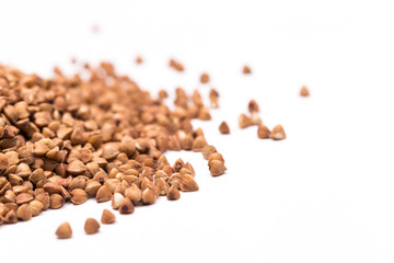 Organic buckwheat close up and top view, food background with space for text