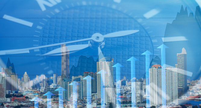 financial and business growth needs time concept, double exposure watch and cityscape on background
