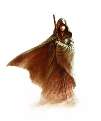 Fantasy young witch - beautiful woman with cloak and hood holding a magic staff, on white background (painting) © Roman
