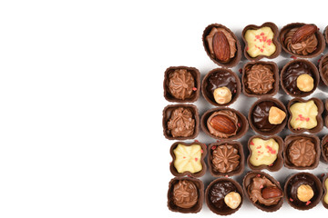 Mix of tasty chocolate candy collection isolated on white. Copy space.