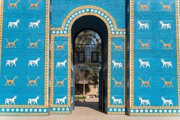 Copy of Ishtar gates in Babylon ruins , Iraq