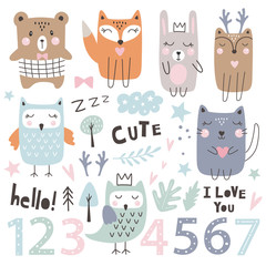 Set with cute  animals, numbers and dsign Elements. Kids party. Hand drawn style. Vector