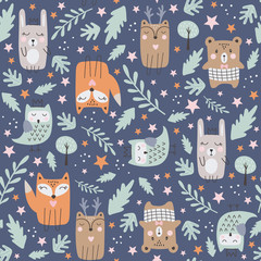 Seamless pattern with cute forest animals. Hand drawn style. Vector