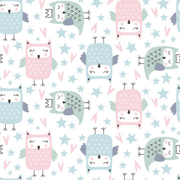 Seamless pattern with cute owl. Forest animals. Cartoon background for Kids. Hand drawn vector