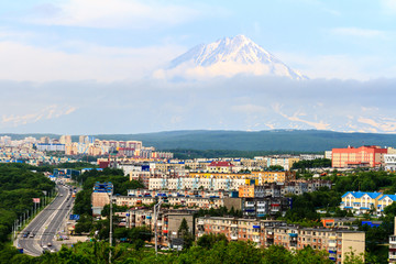 Fototapeta na wymiar View of the city Petropavlovsk-Kamchatsky on background of Koryaksky Volcano. Russian Far East, Kamchatka Peninsula.