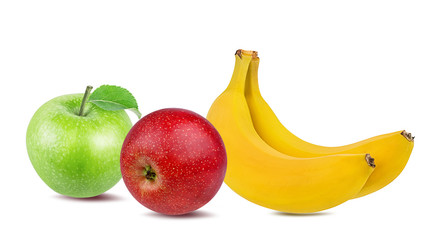 Fresh bananas apples isolated on white background with clipping path