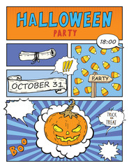 Halloween party invitation, mock up comic book with pumpkin