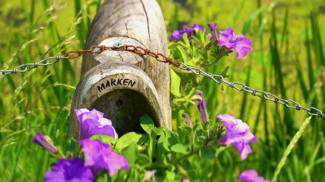 Marken, North Holland / Netherlands: A clog pot with Maken sign among lilac flowers