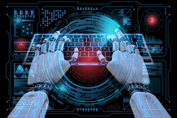 Sci fi Hologram control panel dashboard in HUD style. Robot cyborg typing on keyboard. Futuristic background. 3d illustration. Radar screen futuristic user interface.