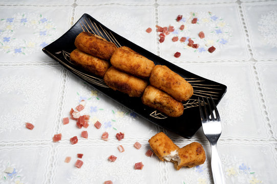 Homemade Spanish serrano ham croquettes