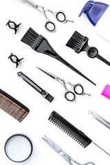 hairdresser tools on white background top view