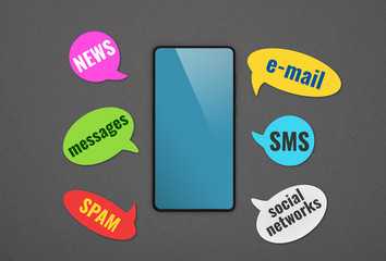 Black smartphone with callouts over grey