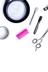 Tools for hair dye and hairdye top view white background