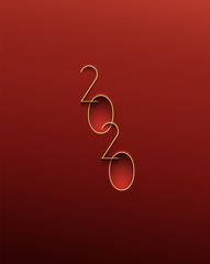 Happy New Year simple illustration greeting card with thin yellow digital numbers for 2020 year on plastic red background.