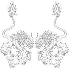 black white background with dragons