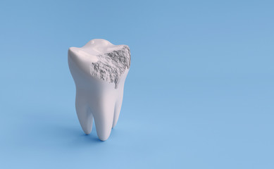 Damaged tooth isolated on blue background with clipping path. 3d render illustration