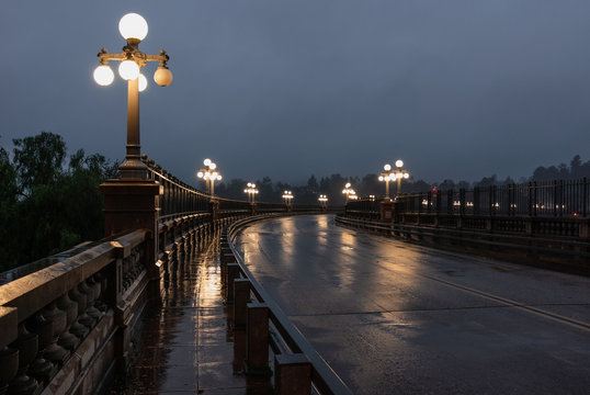 The Colorado Street Bridge In Pasadena During A Rainy Night.